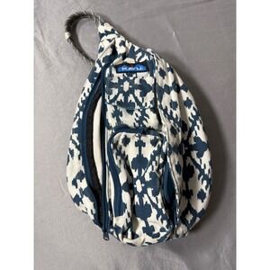 Kavu Rope Bag Sling Backpack Navy Cream Ikat Geometric Canvas Crossbody Bag